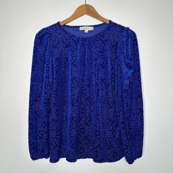 LOFT Velvet Burnout Puff Sleeve Blouse Blue Mosaic Size XS - Picture 1 of 9
